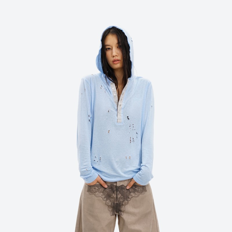 Sheer Hooded Henley Top